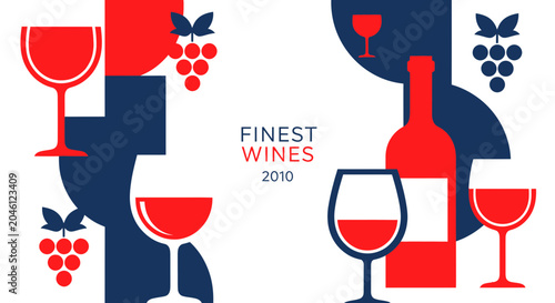 Schilderij op canvas Wine Glasses and Bottle Illustration.