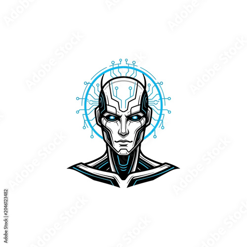 Cybernetic android head mascot with blue circuit board halo