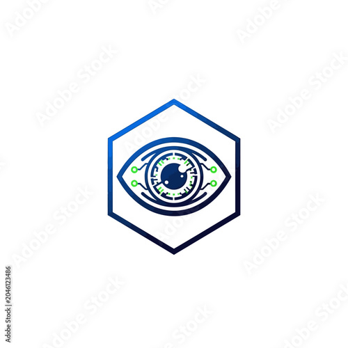 Cybernetic eye icon with digital circuit patterns in blue hexagon