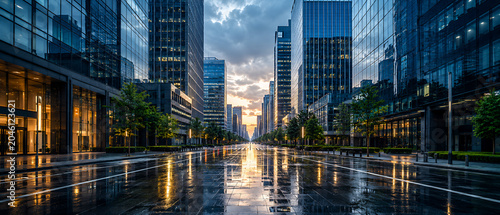 Obraz na płótnie 雨上がりのオフィス街と高層ビル群のリフレクション風景