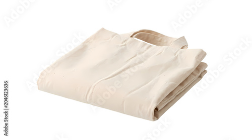 Folded beige canvas tote bag isolated on white background