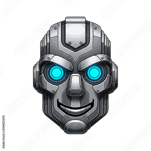 Cybernetic robot head with glowing blue eyes on white background