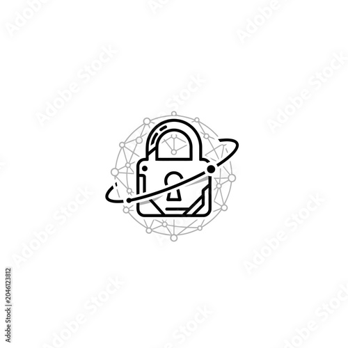 Cyber security padlock icon with global network nodes