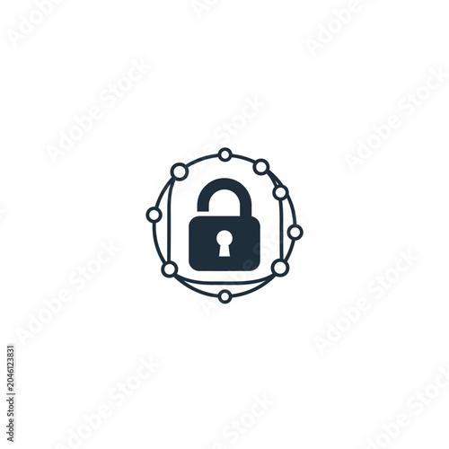 Cyber security padlock icon with network nodes on white background