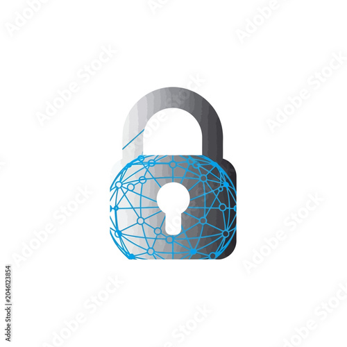 Cybersecurity padlock icon with digital network pattern on white background