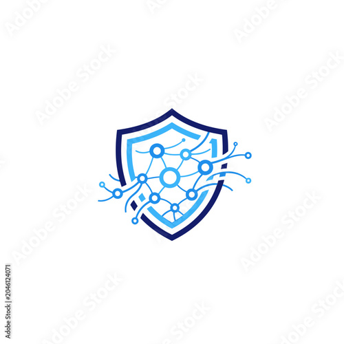 Cybersecurity shield icon with tech network lines and nodes
