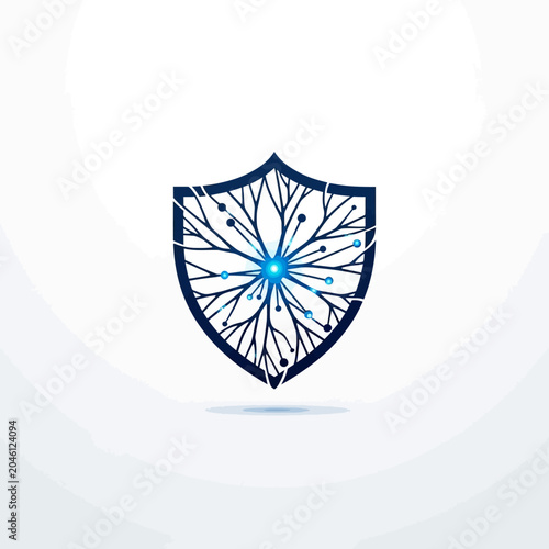 Cyber security shield icon with neural network and glowing center