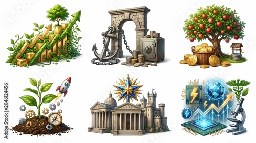 Finance Growth, Security, Wealth, Innovation, Architecture, Technology Icons Collage