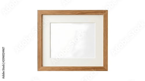 Empty wooden picture frame with white mat on white background