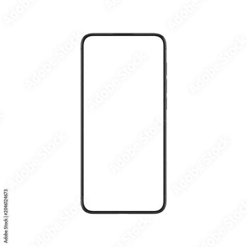 Black smartphone with empty screen isolated on white backdrop.