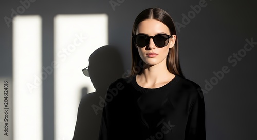 Stylish woman wearing sunglasses and black shirt, dramatic shadow and light