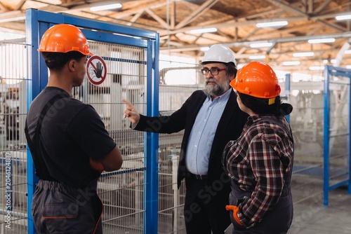 Konstfotografi Supervisor instructing workers in window factory safety