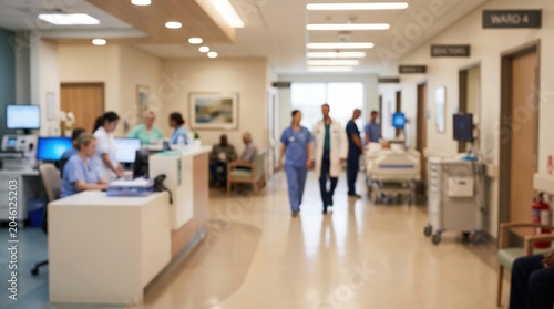 hospital hallway blurred interior medical clinic nursing station healthcare professional staff corridor ward busy background