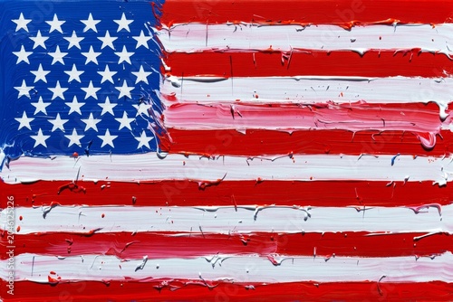 Abstract United States flag background with heavy oil paint strokes. Textured American flag with stars and stripes in artistic style.