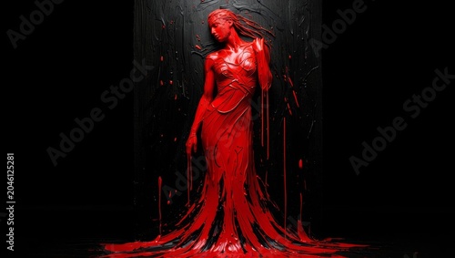 Artistic portrait of a woman covered in black and red liquid paint. Elegant black woman in red dripping dress on a dark background.