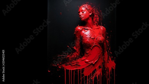 Artistic portrait of a woman covered in black and red liquid paint. Elegant black woman in red dripping dress on a dark background.