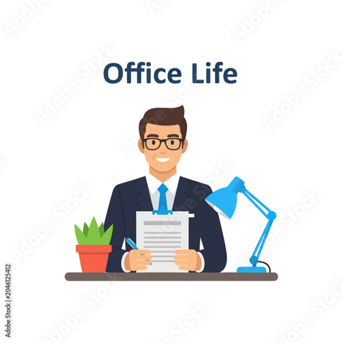 Smiling businessman holding office documents.