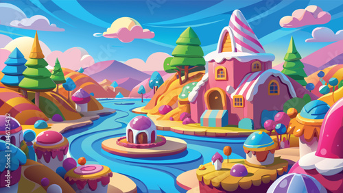 Cuadro en lienzo Whimsical candy land landscape with sweet houses and river under vibrant sky vec