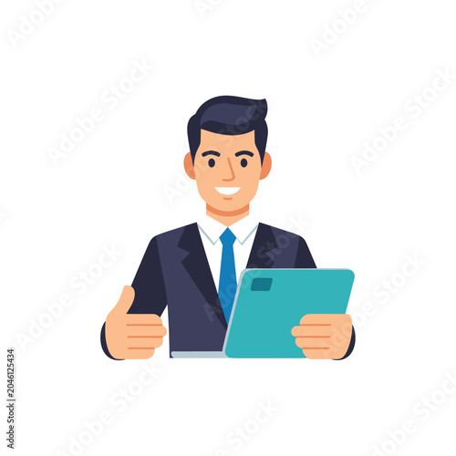 Smiling Businessman Holding Tablet Device.