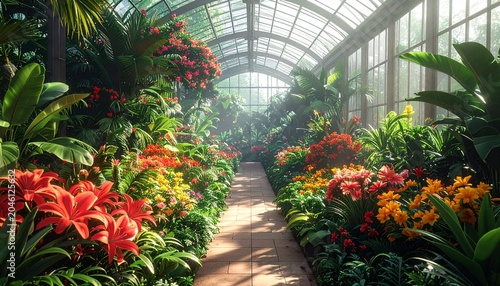 Lush greenhouse interior with vibrant flowers and tropical plants, bathed in sunlight.