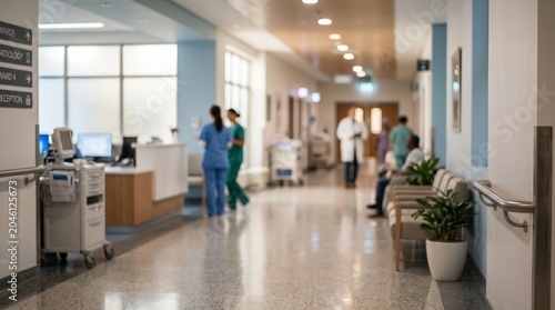 Modern hospital corridor blurred background medical healthcare clinic hallway surgery center interior nursing care professional staff reception area