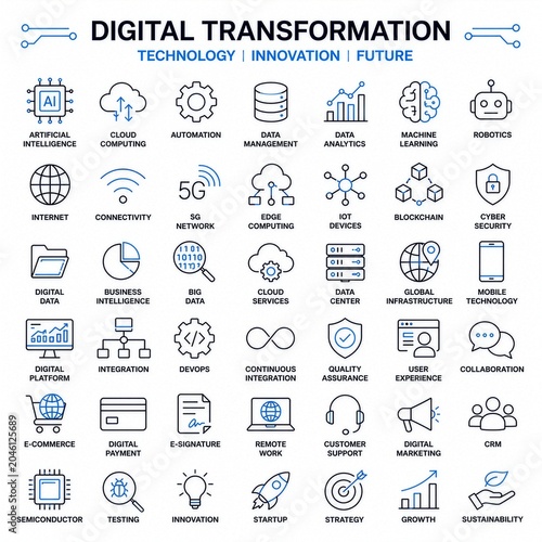 A professional digital transformation infographic featuring a collection of minimalist blue line icons representing modern technology, innovation, and business solutions. The design includes symbols 