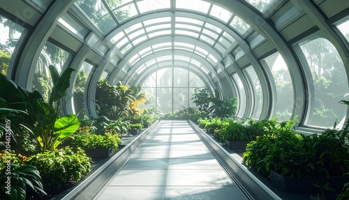 Lush Indoor Garden Oasis with Glass Tunnel Architecture.