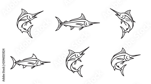 Set of hand-drawn swordfish illustrations featuring different poses and swimming movements in outline style swordfish wildlife illustration monochrome isolated swimming predator underwater