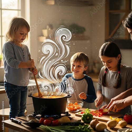 Family enjoying homemade pizza in kitchen together.