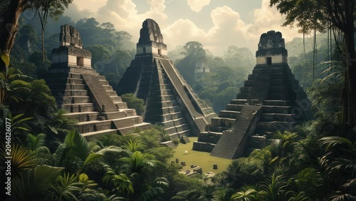 Lush jungle envelops ancient stone pyramids