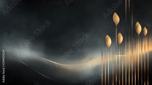Abstract gold lines and organic shapes on dark background creating elegant luxurious design