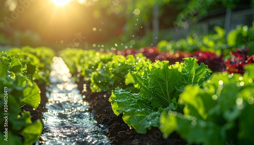 Lush lettuce rows being irrigated in a vibrant garden at sunset.