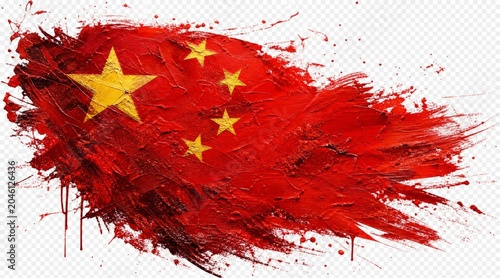 China flag abstract background made of thick red and yellow paint splashes. Textured Chinese national flag with stars isolated on alpha background.