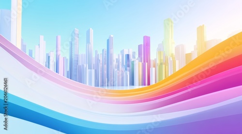 A Vibrant Abstract Cityscape Featuring Colorful Waves and Striking Skyscrapers that Captivate the Eye