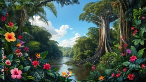 Lush jungle scene with river, large tree, vibrant flowers