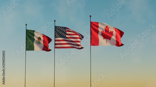 North American usa, canadian and mexican flags for football 2026 world soccer