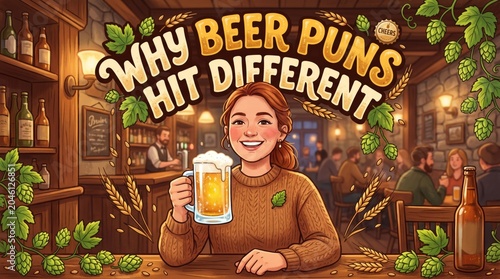 Why Beer Puns Hit Different typography illustration. Cute cartoon woman holding a mug of beer in a cozy pub background.