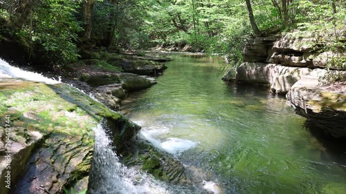 Water cascades into a peaceful river pool in a beautiful forest setting