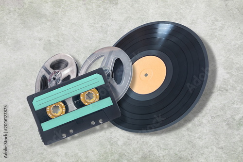 audio cassette bobbin and vynil disc