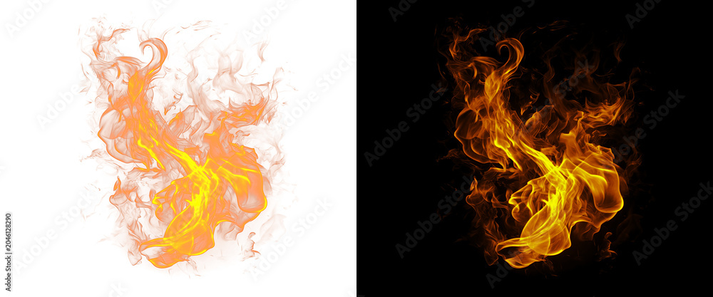 Fototapeta premium Dynamic fire flame isolated on black and white backgrounds, realistic orange fire sparks and smoke, burning heat element for design
