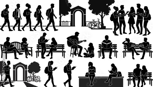 Bild auf Leinwand black silhouettes of people walking sitting reading and playing music in park or