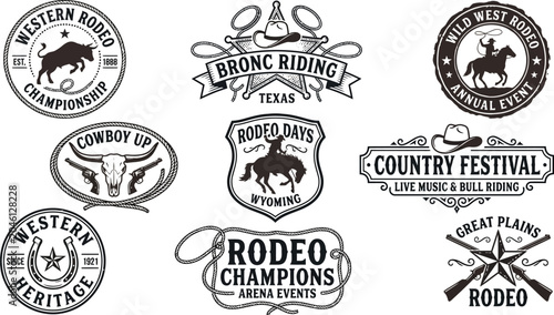 Collection of rodeo and western themed logos and badges with cowboy culture elements