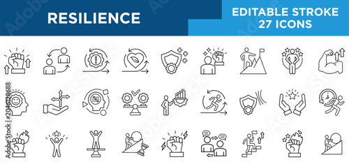 Foto Resilience line icons set with flexibility, strength, change, recovery, adaptability, stability, and agility concepts