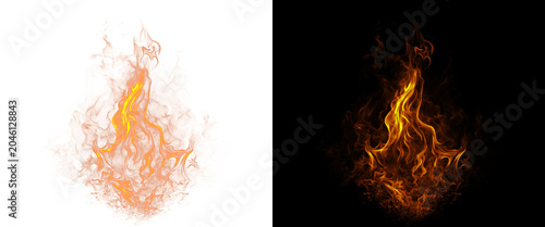 Canvas Print Realistic fire flame isolated on black and white background, glowing orange camp