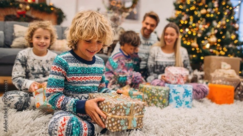 Happy Children and Adults Celebrating Christmas with Presents in Cozy Living Room