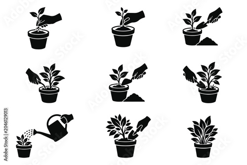 Gardening and plant care icon set, vector silhouette illustrations of planting, watering, and potting plants