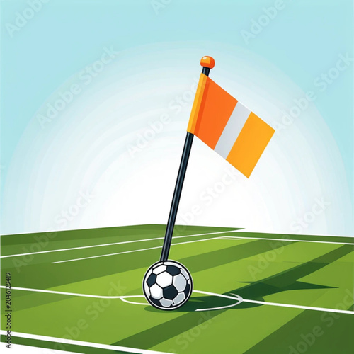 Soccer corner flag and football on green field vector illustration