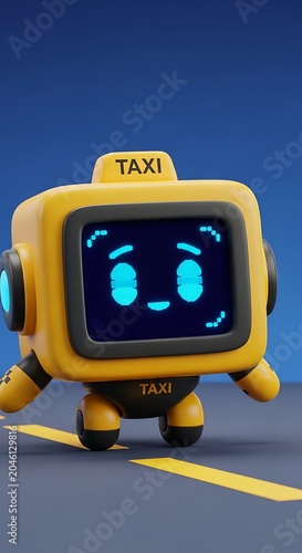 Bright yellow taxi cab with green light on city street.