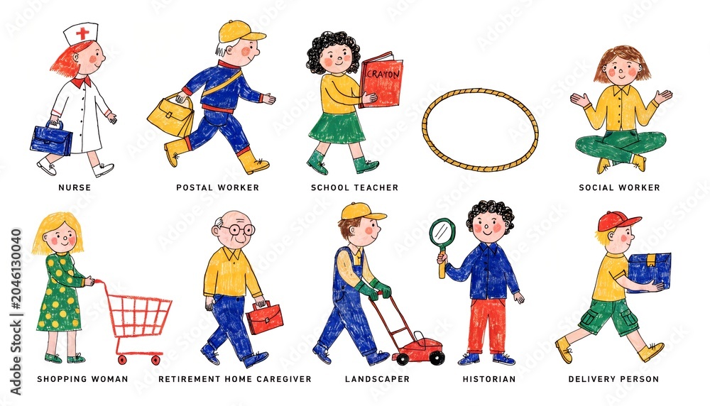Fototapeta premium Hand drawn illustration of diverse community professions and jobs set, crayon style doodle characters