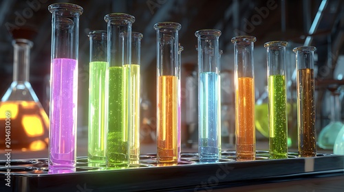 Collection of Colorful Test Tubes with Vibrant Liquids in a Professional Chemistry Lab